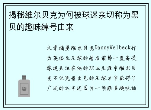 揭秘维尔贝克为何被球迷亲切称为黑贝的趣味绰号由来