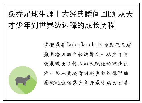 桑乔足球生涯十大经典瞬间回顾 从天才少年到世界级边锋的成长历程