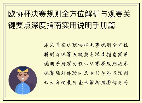 欧协杯决赛规则全方位解析与观赛关键要点深度指南实用说明手册篇