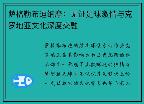 萨格勒布迪纳摩：见证足球激情与克罗地亚文化深度交融