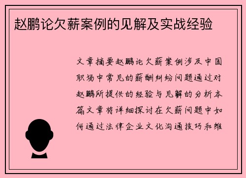 赵鹏论欠薪案例的见解及实战经验