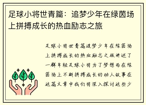 足球小将世青篇：追梦少年在绿茵场上拼搏成长的热血励志之旅